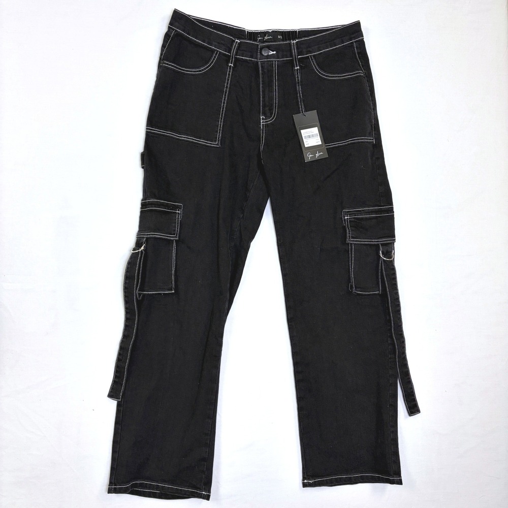 NWT Gen Glam Black Washed Denim Cargo Pants Contrast Stitch 11/31 Grunge‎ Goth